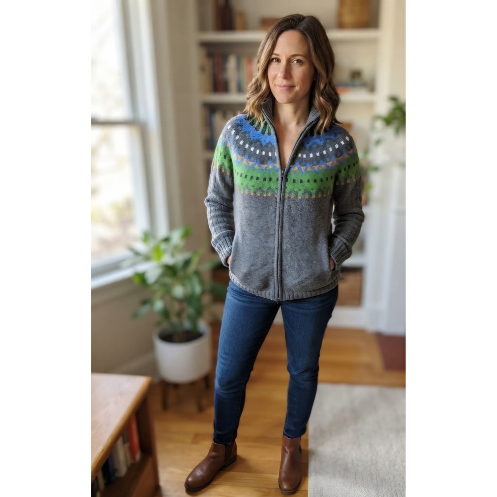Covington Gray Fair Isle Full Zip Cotton Cardigan Sweater Small Blue Green